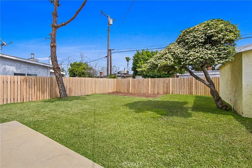 A backyard with grass, a wooden fence, and two trees under a blue sky.