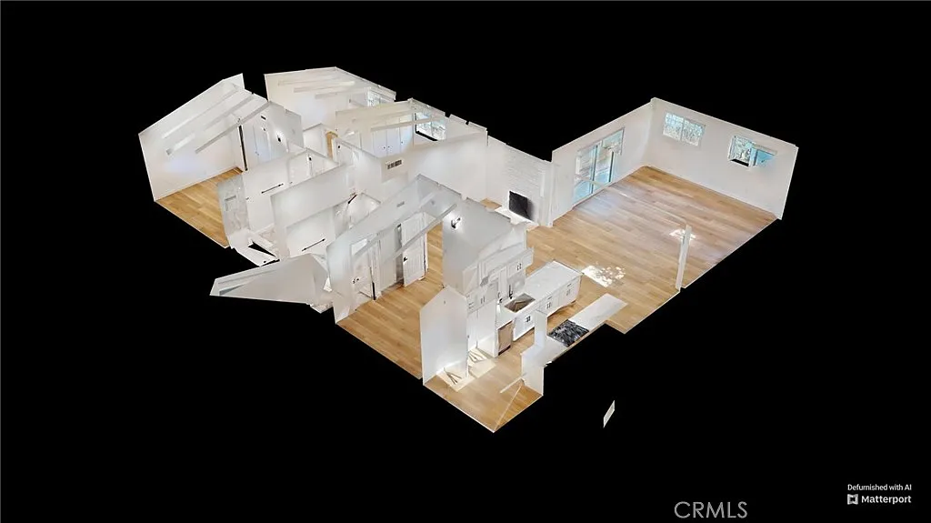 3D model of modern interior with kitchen, living area, light wood floor, and large windows.