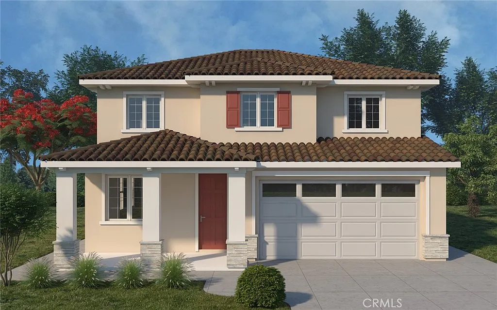 Two-story house real estate with tan walls, red shutters, porch, garage, and shrubs.