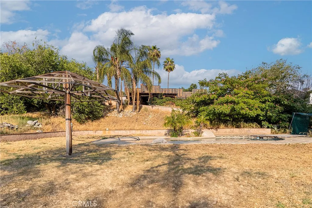 Dry grassy area with shrubs, palm trees, metal clothesline, and wooden fence.