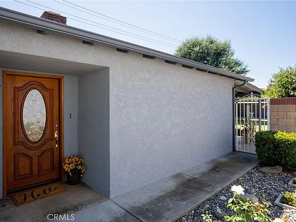 House entrance with wooden door, glass design, pathway, and potted flowers