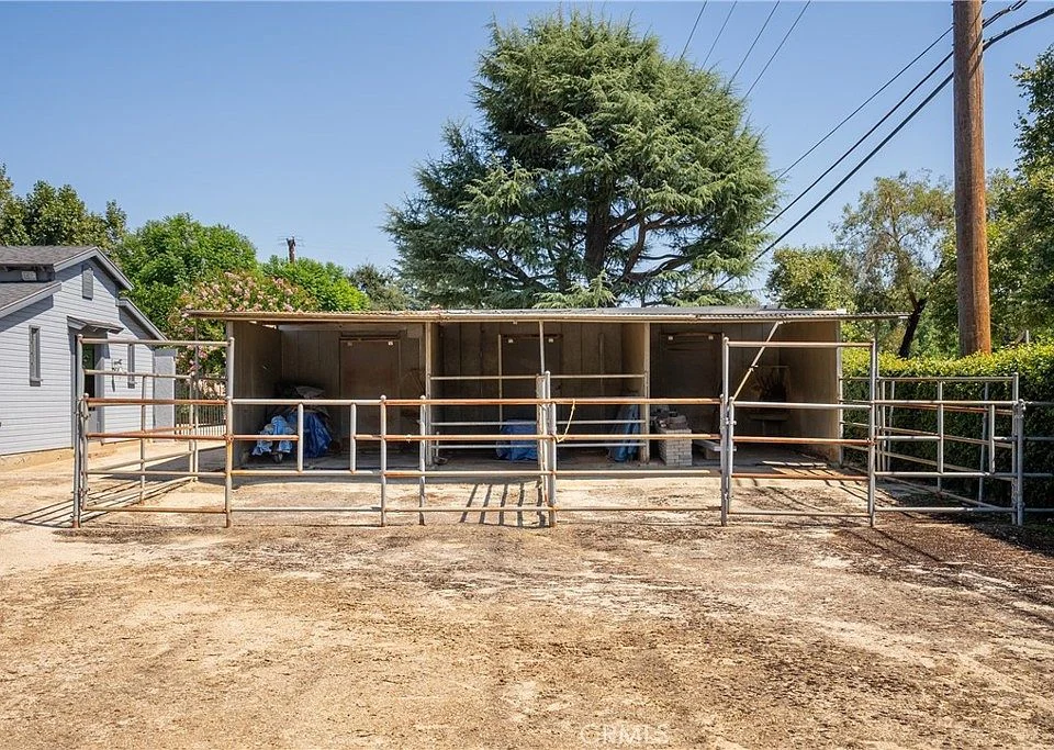 Fenced yard with several enclosed sections, plants, and utility poles
