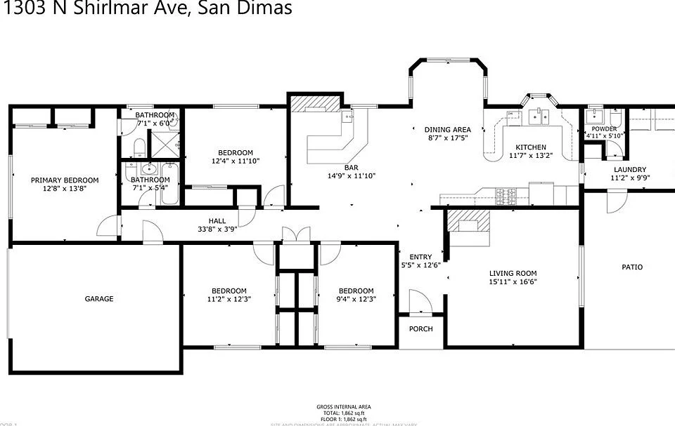 Floor plan of single-story California real estate house with garage, kitchen, living and dining areas, bedrooms, bathrooms, and patio