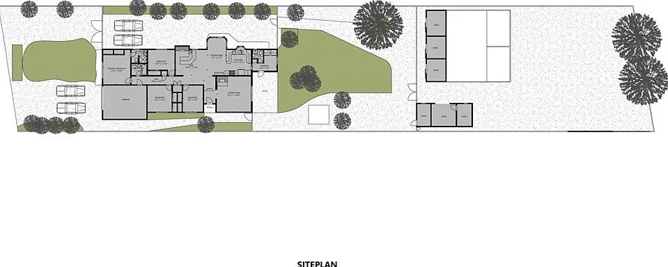 Building complex site plan with landscaping, parking areas, and surrounding features