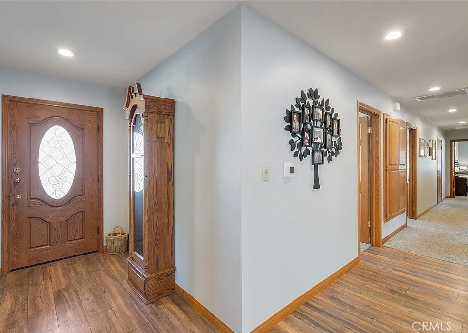 House entrance with wooden door, glass design, pathway, and potted flowers