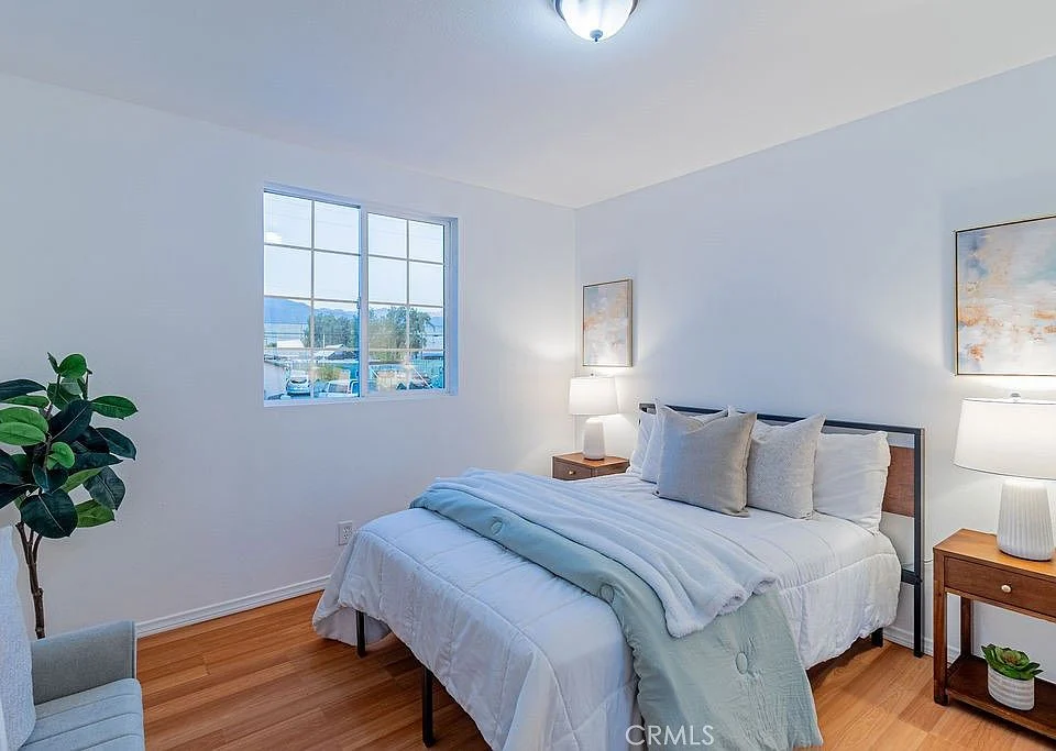 Bedroom with bed, bedside lamps, plant, and window light