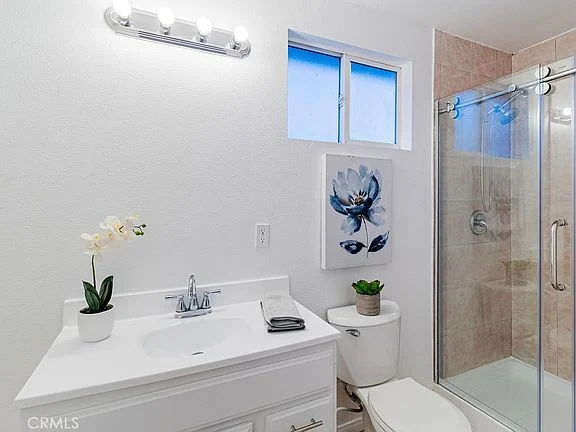 Bathroom with white vanity, sink, large mirror, glass shower, plant, and wall art