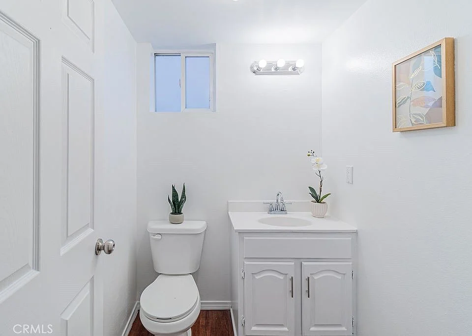 bright bathroom with white vanity, sink, toilet, window, plants, and dark wood floor