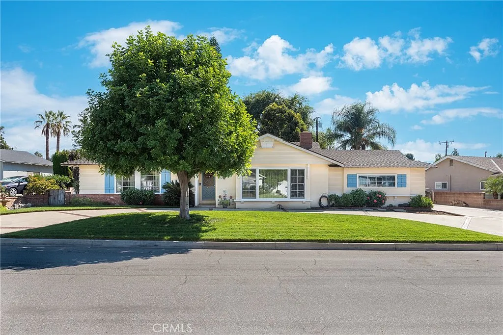 Luxury single-story house with manicured lawn, large tree, and palm trees, California real estate