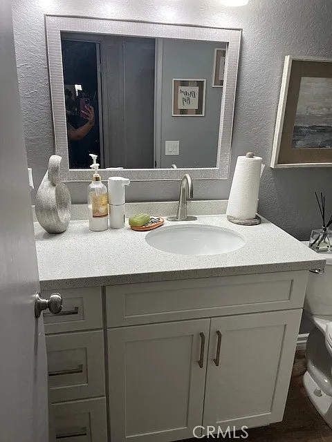 A bathroom countertop with a sink, soap bottle, small decor item, paper towel roll, framed picture on the wall, and a mirror above the sink.