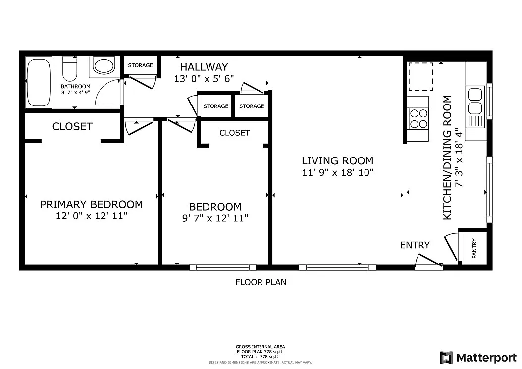 Floor plan of home with labeled rooms, measurements, living room, bedrooms, kitchen, hallway, and storage.
