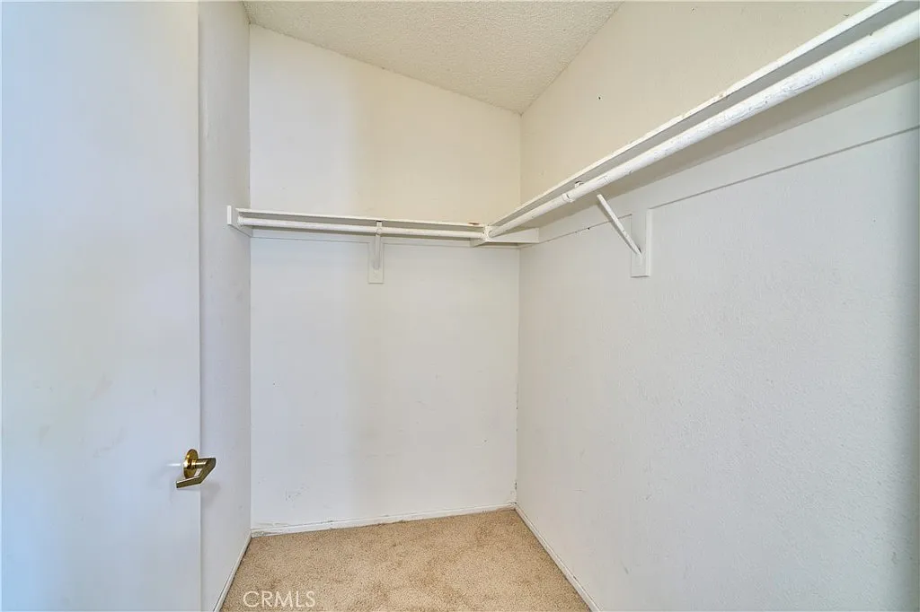 Empty closet with white walls, carpeted floor, and storage shelves.