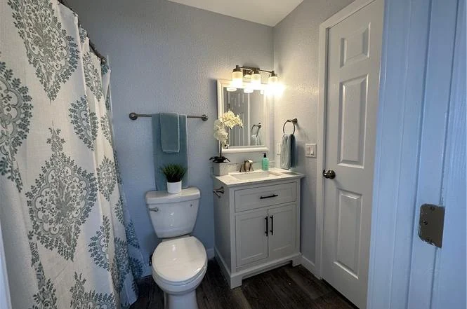Bathroom with shower and patterned curtain, toilet, vanity with sink and mirror, plants, and towels