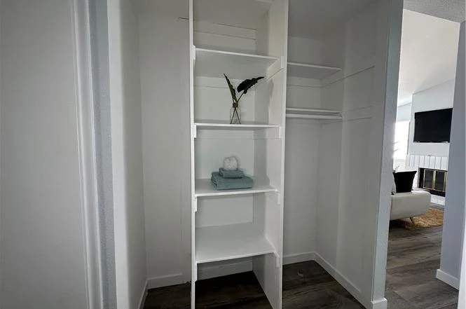 Small closet with white shelves, decorative plant, light walls, wood floor, and open doorway to another room