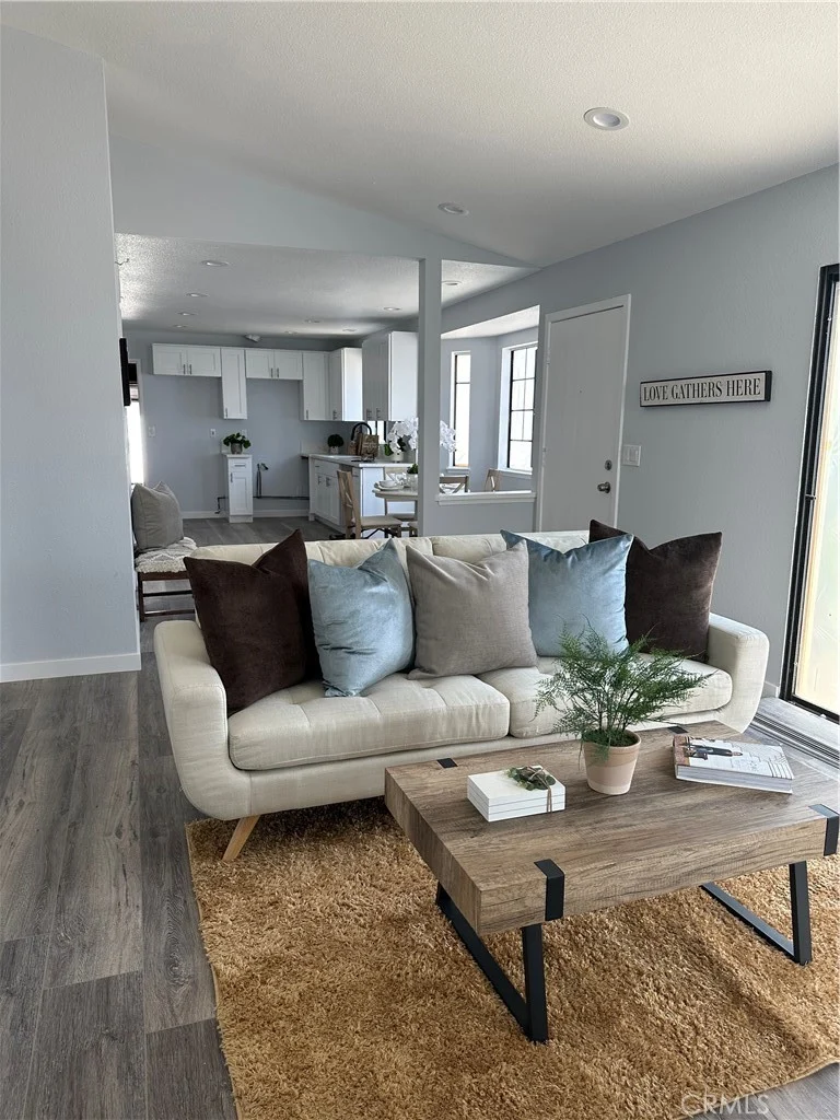 Living room with light sofa, decorative pillows, wooden coffee table with small plant, cozy rug, and open modern kitchen in background