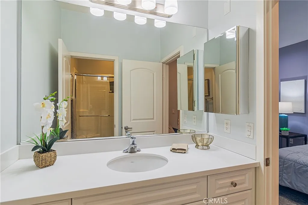 Bathroom with white countertop, sink, large mirror, two doorways, and potted plant.