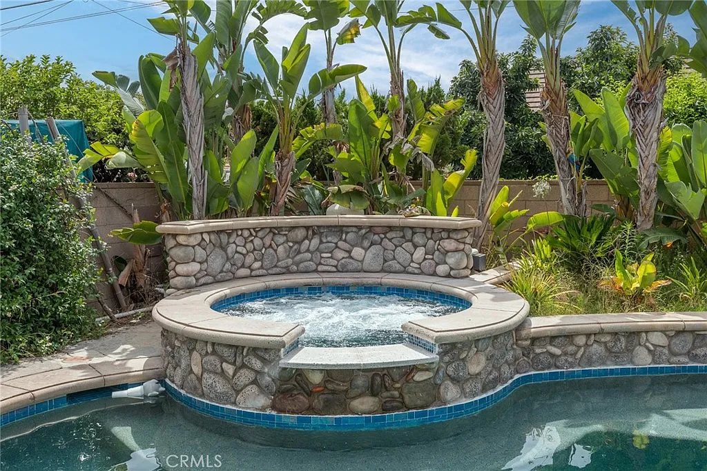 Spa area with stone wall, tropical plants, and clear blue pool