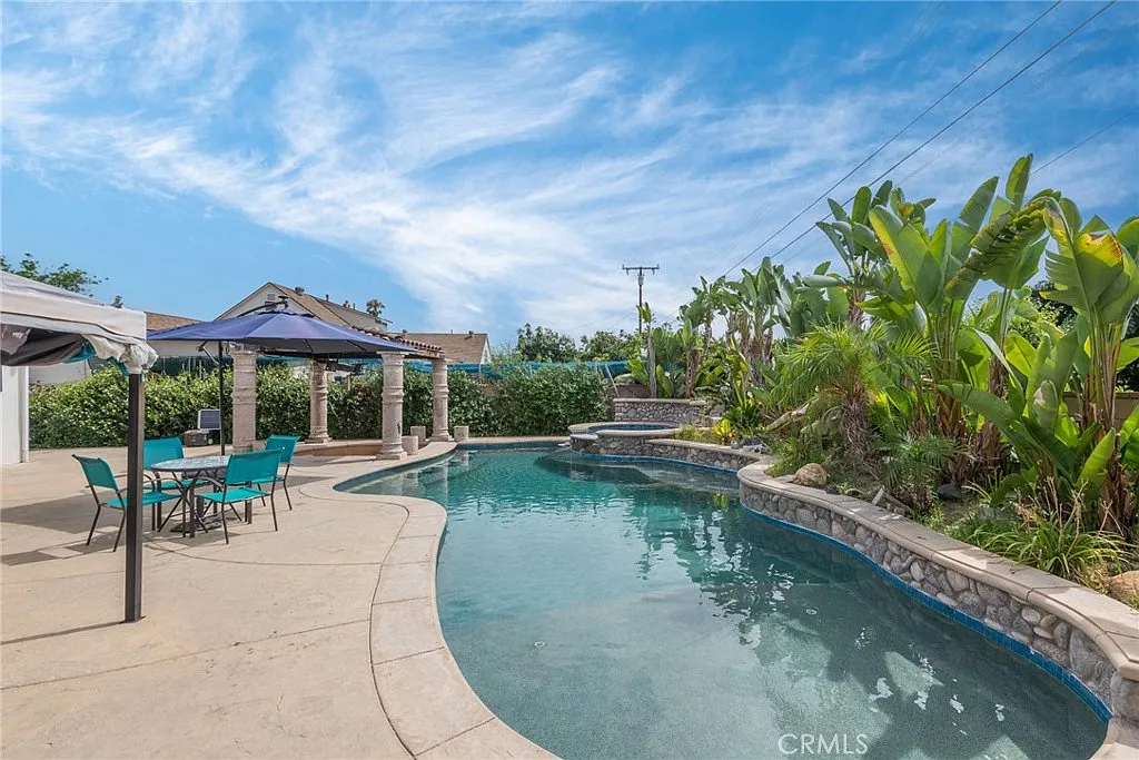 Backyard with curved swimming pool, palm trees, landscaping, and outdoor seating under umbrellas