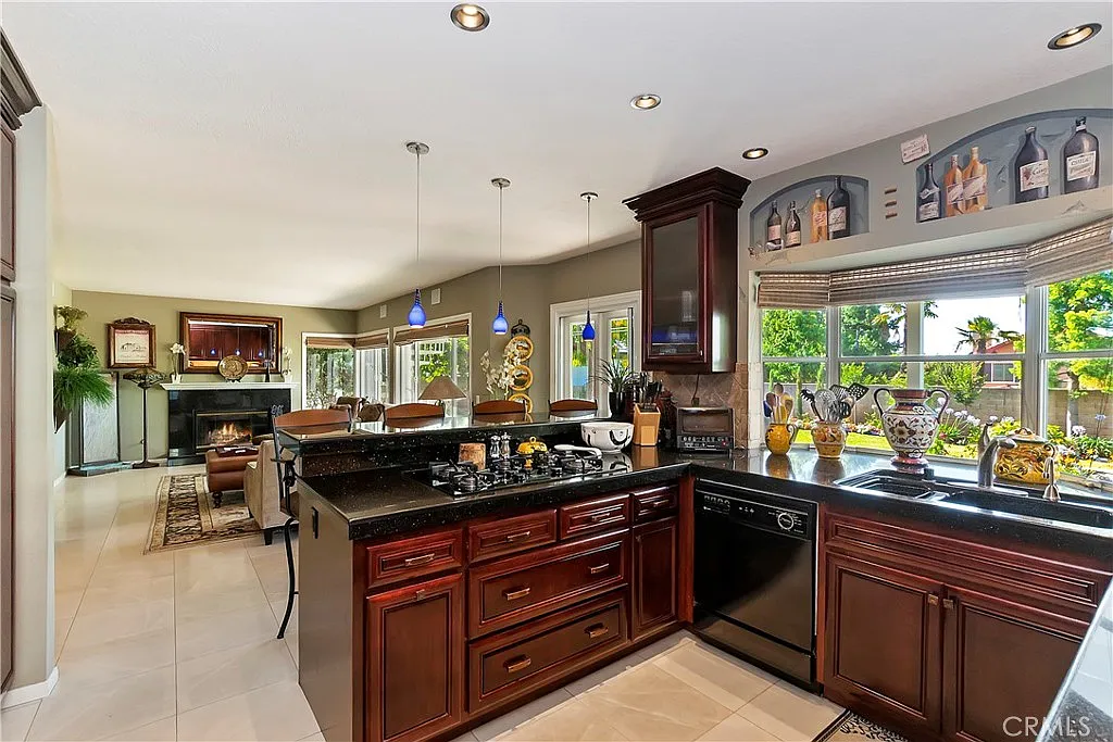 Kitchen with dark wood cabinets, black countertop, stainless steel appliances, and a dining area with plants