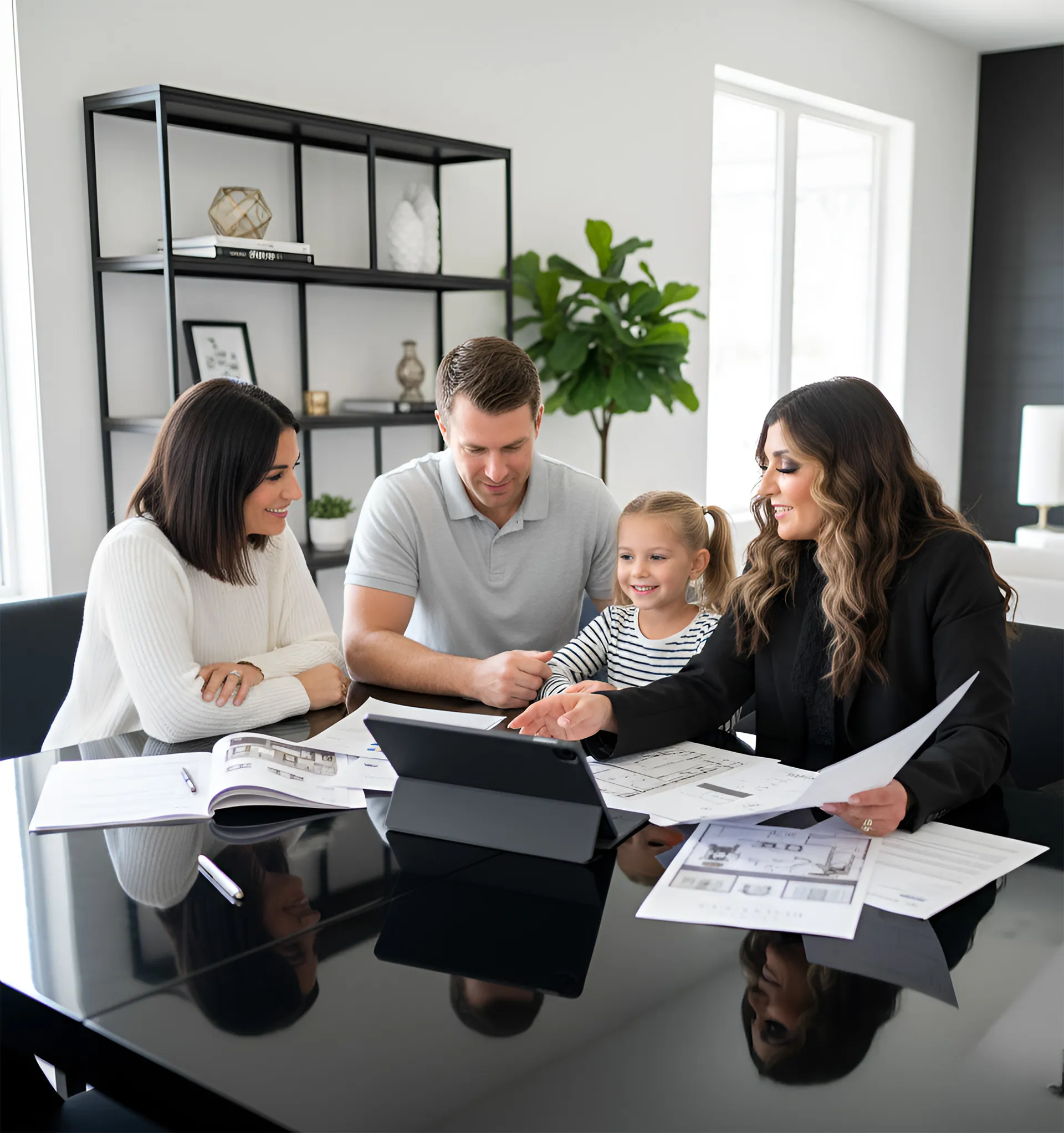 A family around a table looking at a tablet with architectural documents.