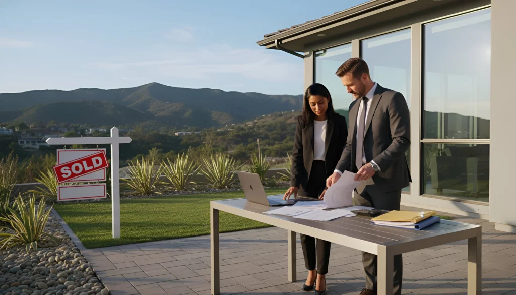 Real estate agent standing at table with documents near "SOLD" sign in front of house, mountains in background, real estate