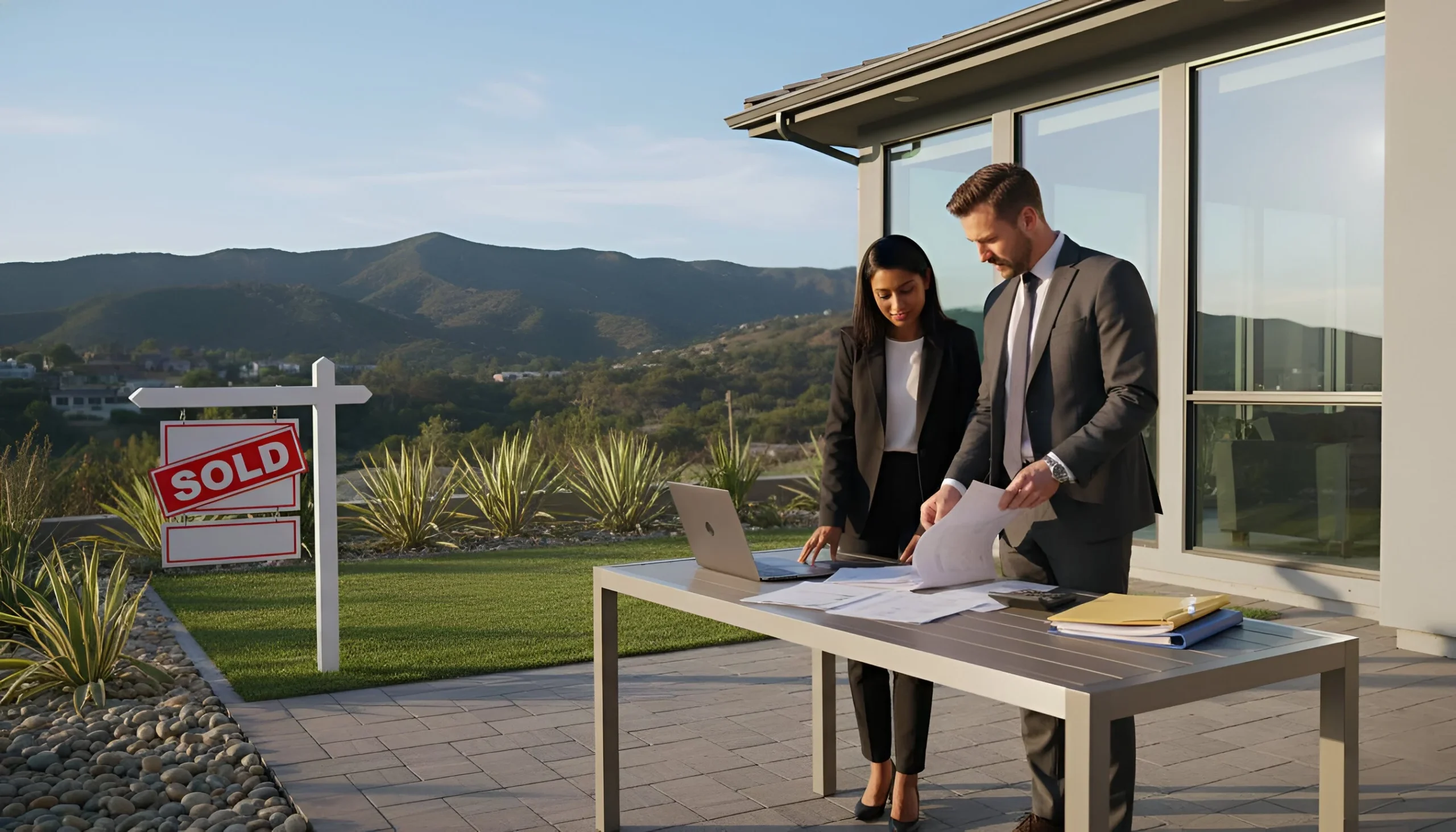 Real estate agent standing at table with documents near "SOLD" sign in front of house, mountains in background, real estate