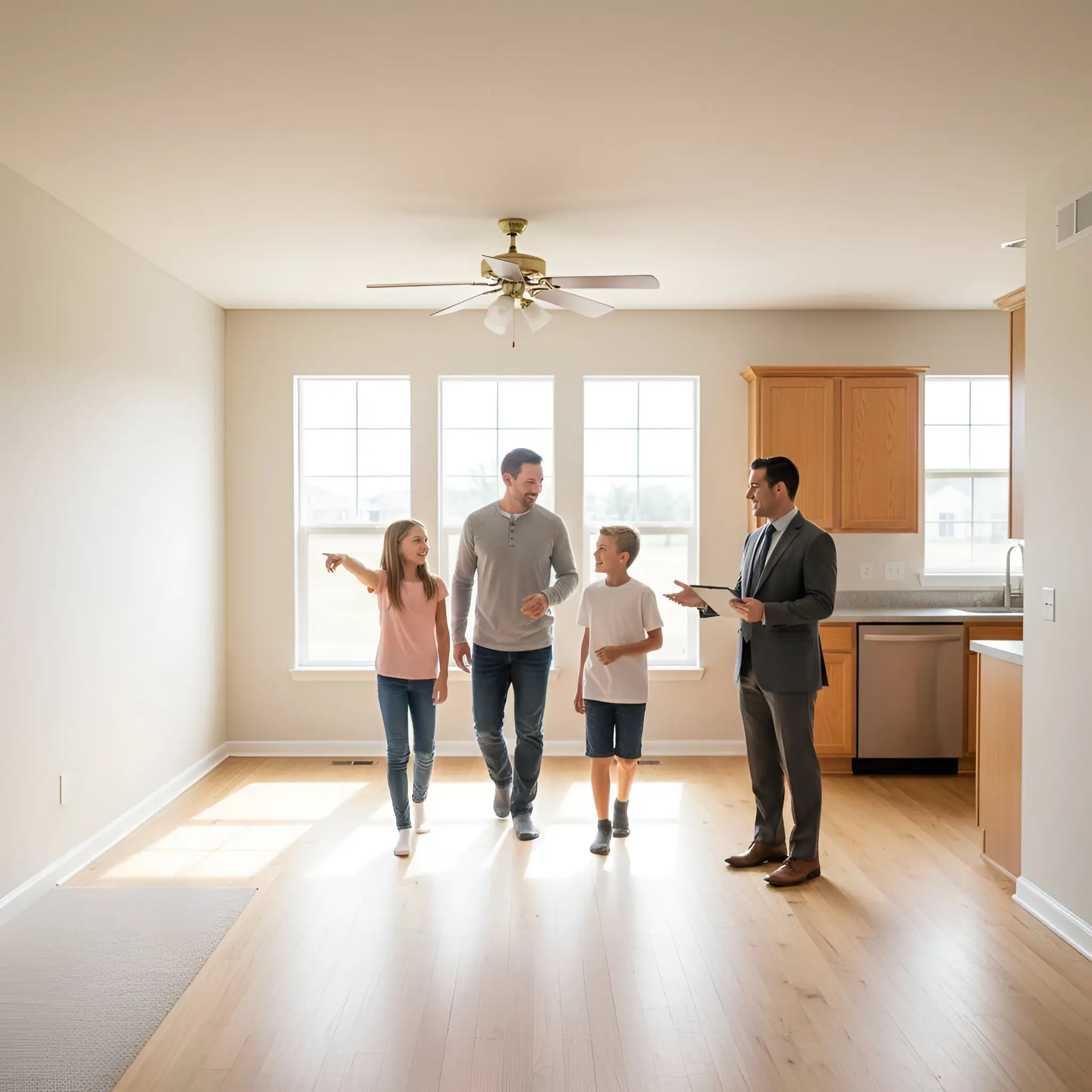 A family touring a bright kitchen and living area with a real estate agent