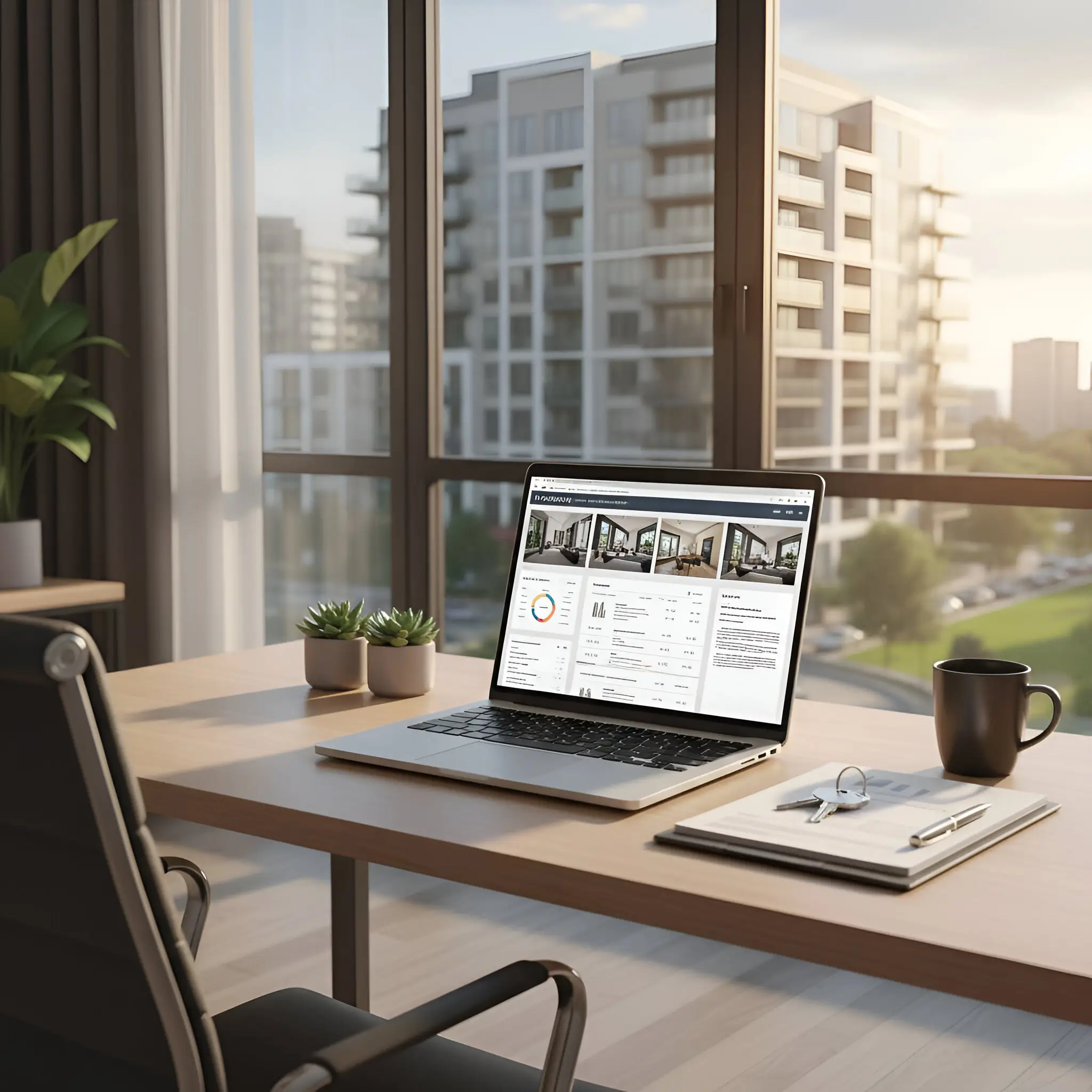 A workspace with laptop, coffee cup, notepad, and pen on a wooden desk by windows showing an apartment and greenery outside.