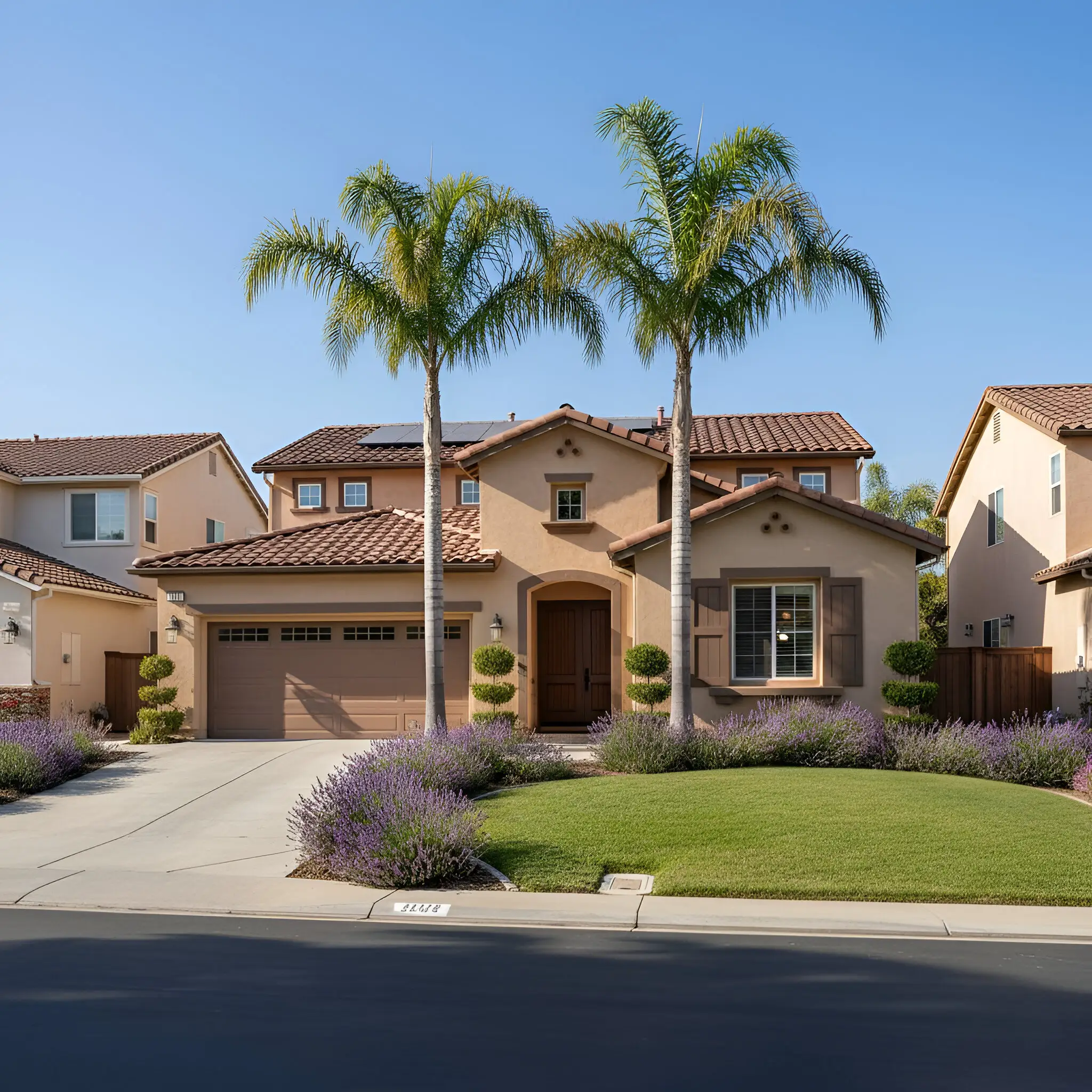 A single-family home with tan walls, brown roof, palm trees, lavender plants, and a manicured lawn