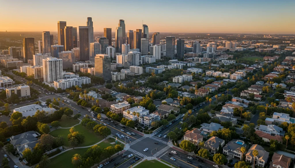 Aerial view of city skyline with tall buildings and green spaces in foreground in California