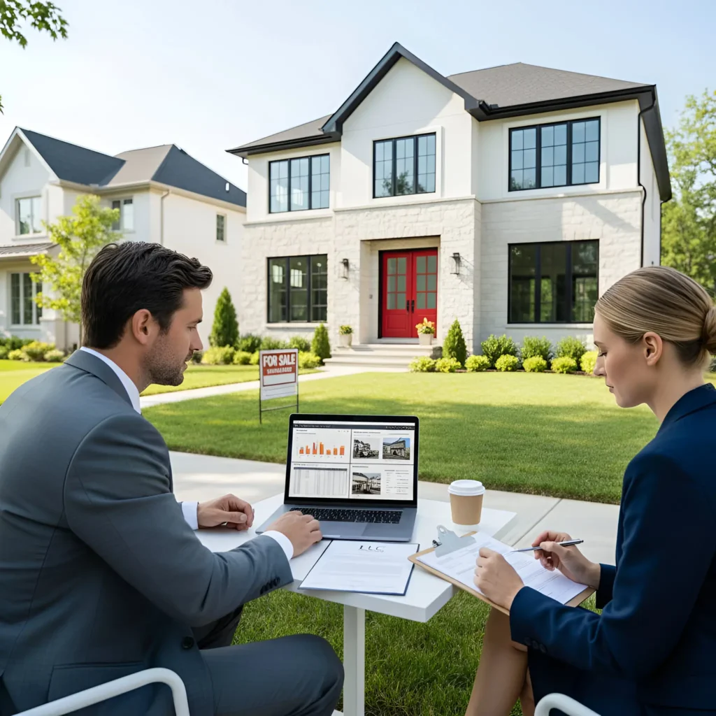 A man and woman discussing real estate at a table with laptop and documents in front of a house for sale
