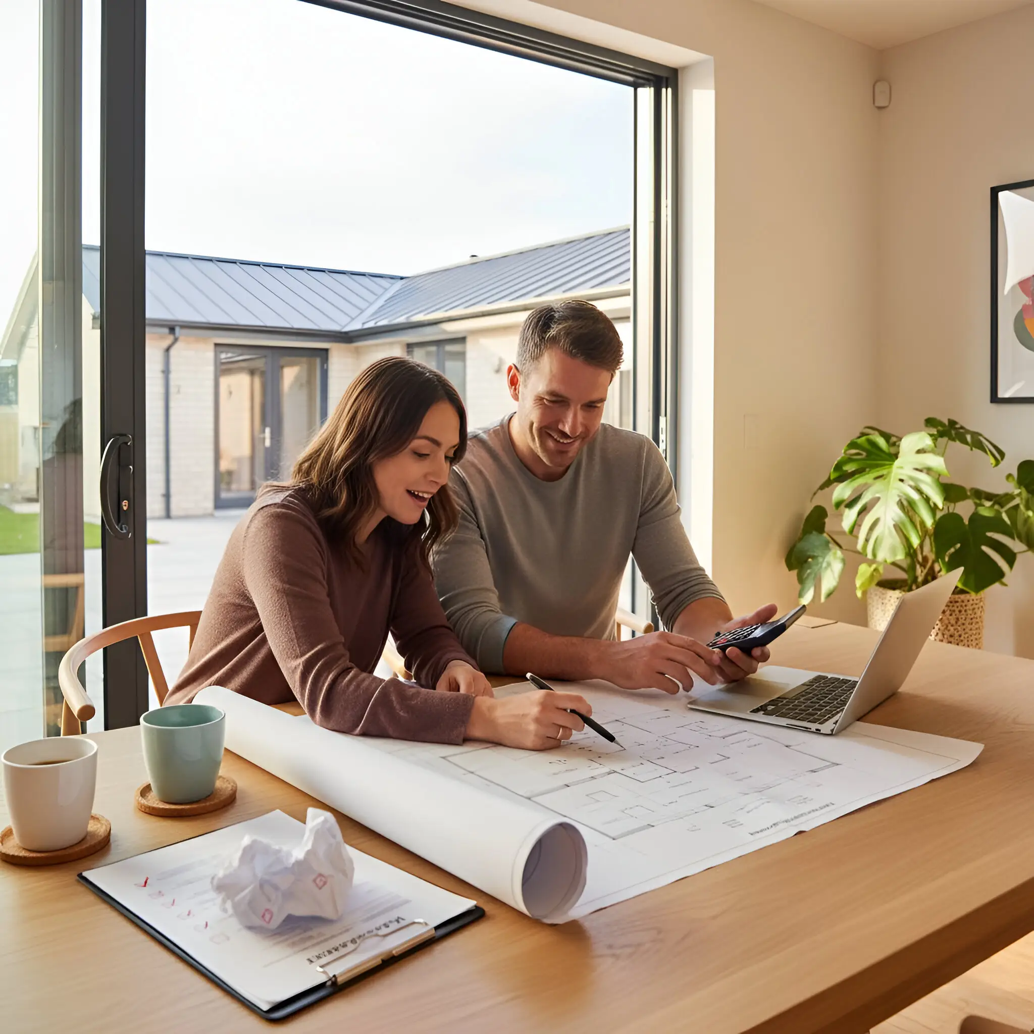 A couple reviewing architectural plans and documents at a table with a laptop and cups by a window.