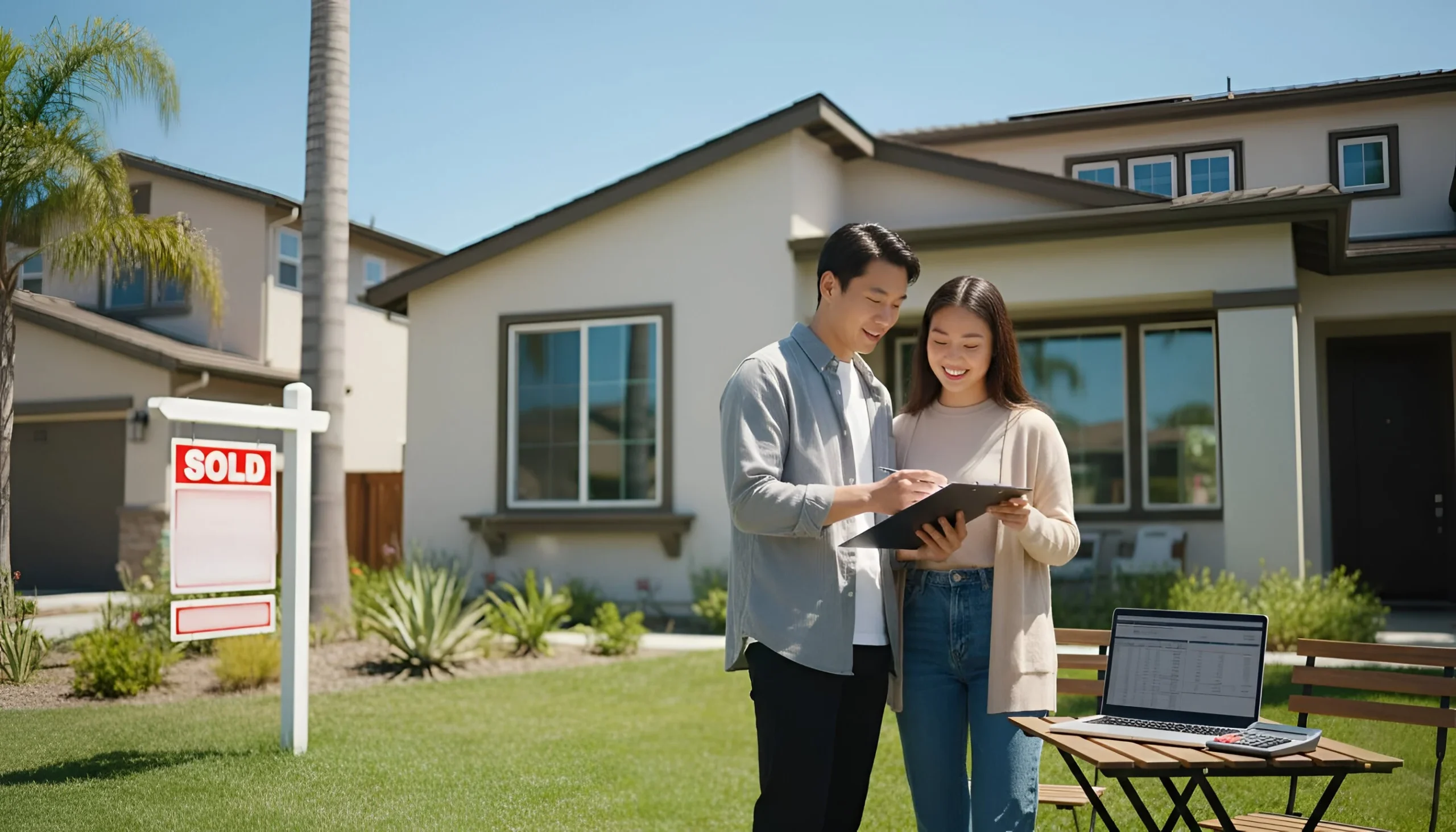 Couple standing in front of house with "SOLD" sign, looking at document, laptop on grass,