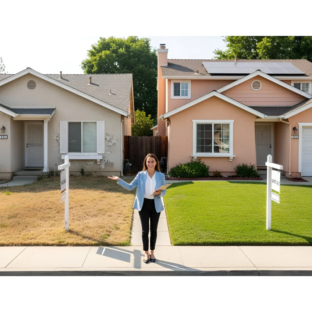 Real estate agent holding a clipboard standing between two houses, one with dry grass and one with green lawn
