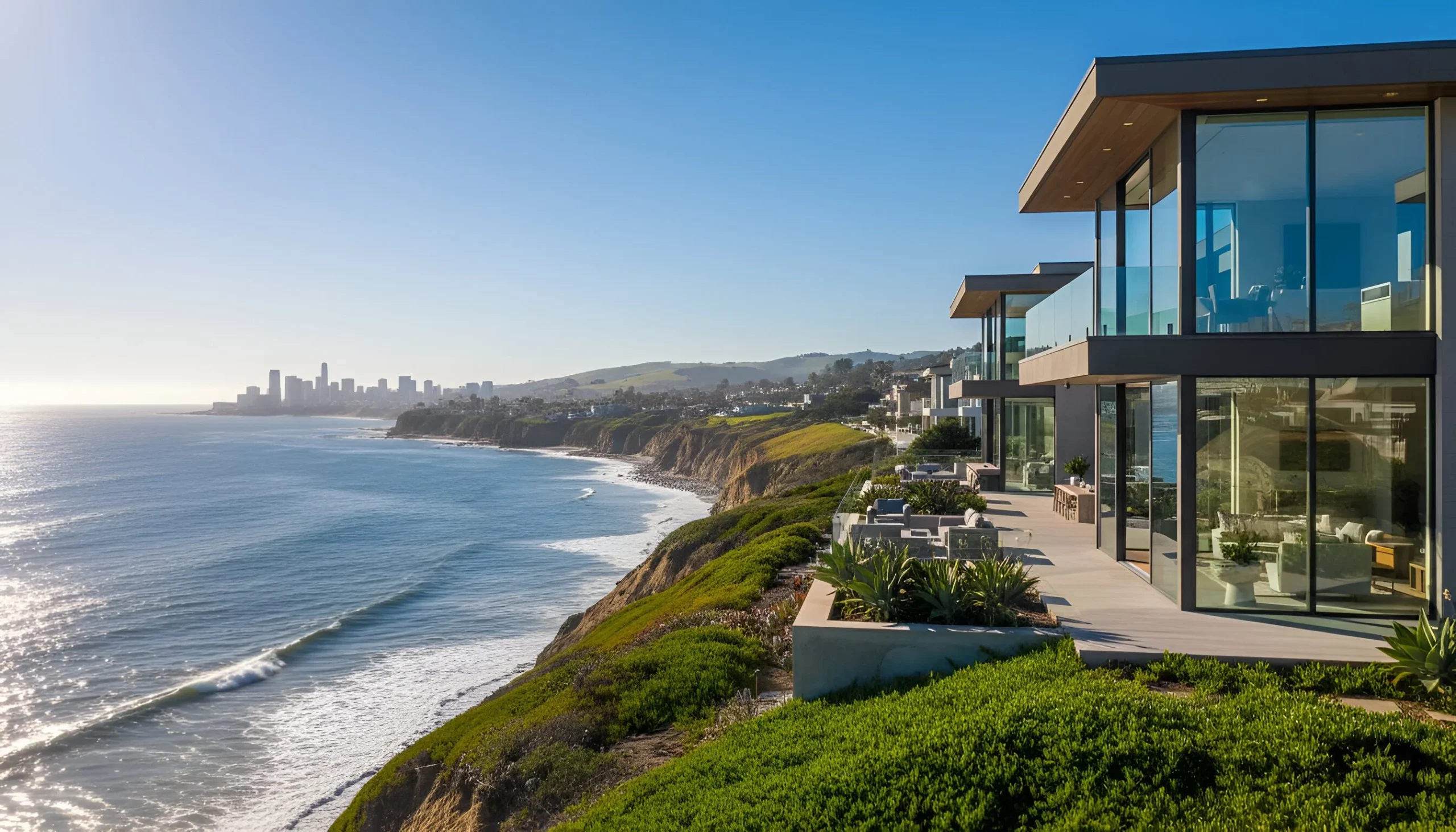 Luxury modern house by ocean with coastal city skyline in distance in California