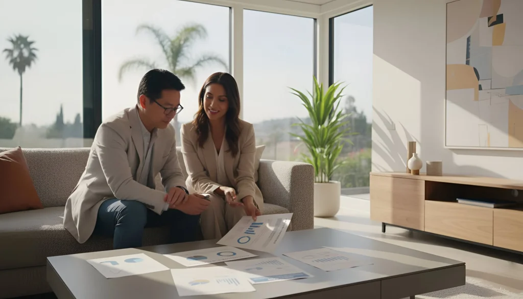 Man and woman sitting on couch reviewing documents in bright living room with large windows and palm trees outside