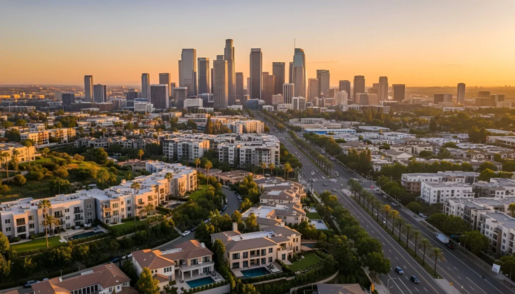 Aerial view of city skyline with tall skyscrapers, residential buildings, and green spaces