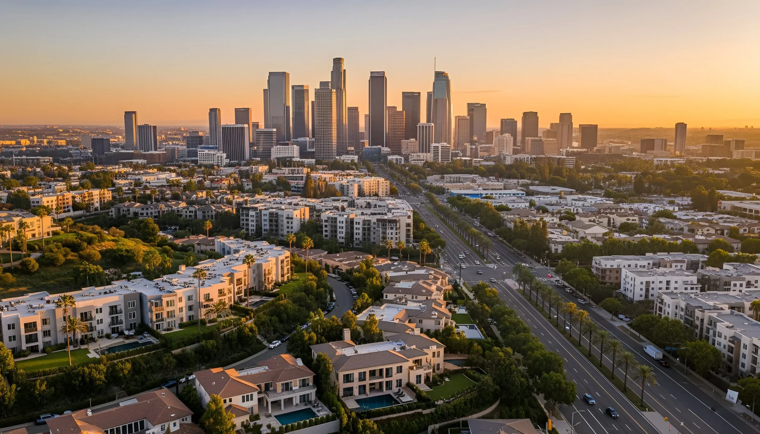 Aerial view of city skyline with tall skyscrapers, residential buildings, and green spaces
