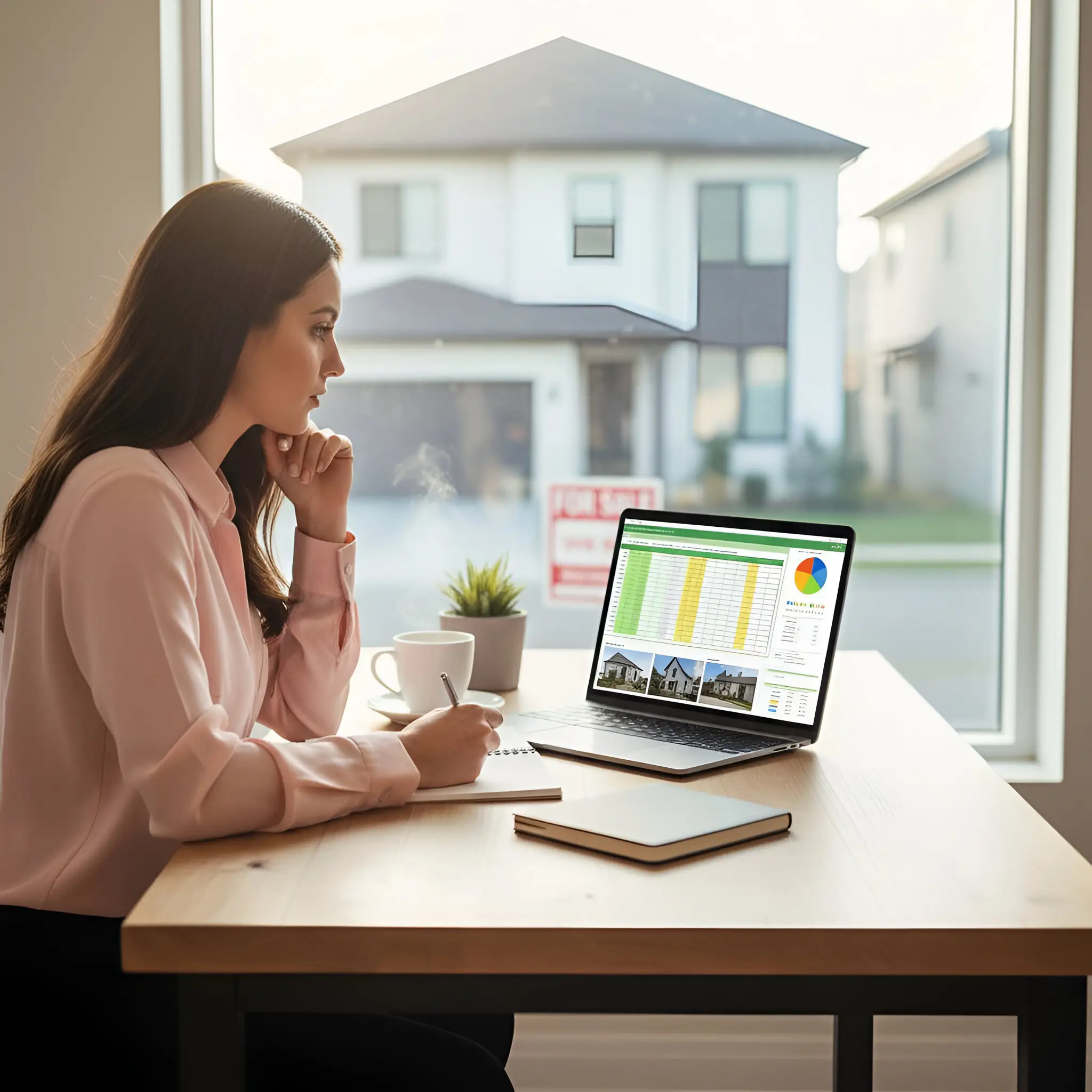 A woman at a desk with laptop, coffee, and notebook looking out a window showing a house outside.