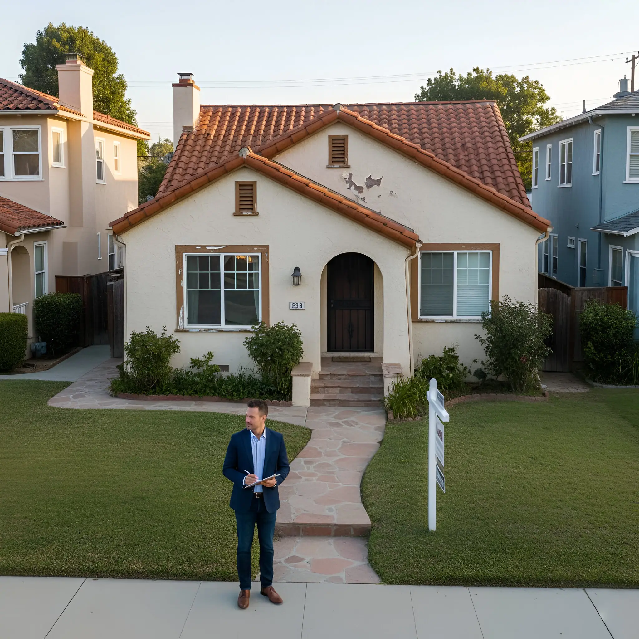 Real estate agent by single-story house California real estate with For Sale sign.