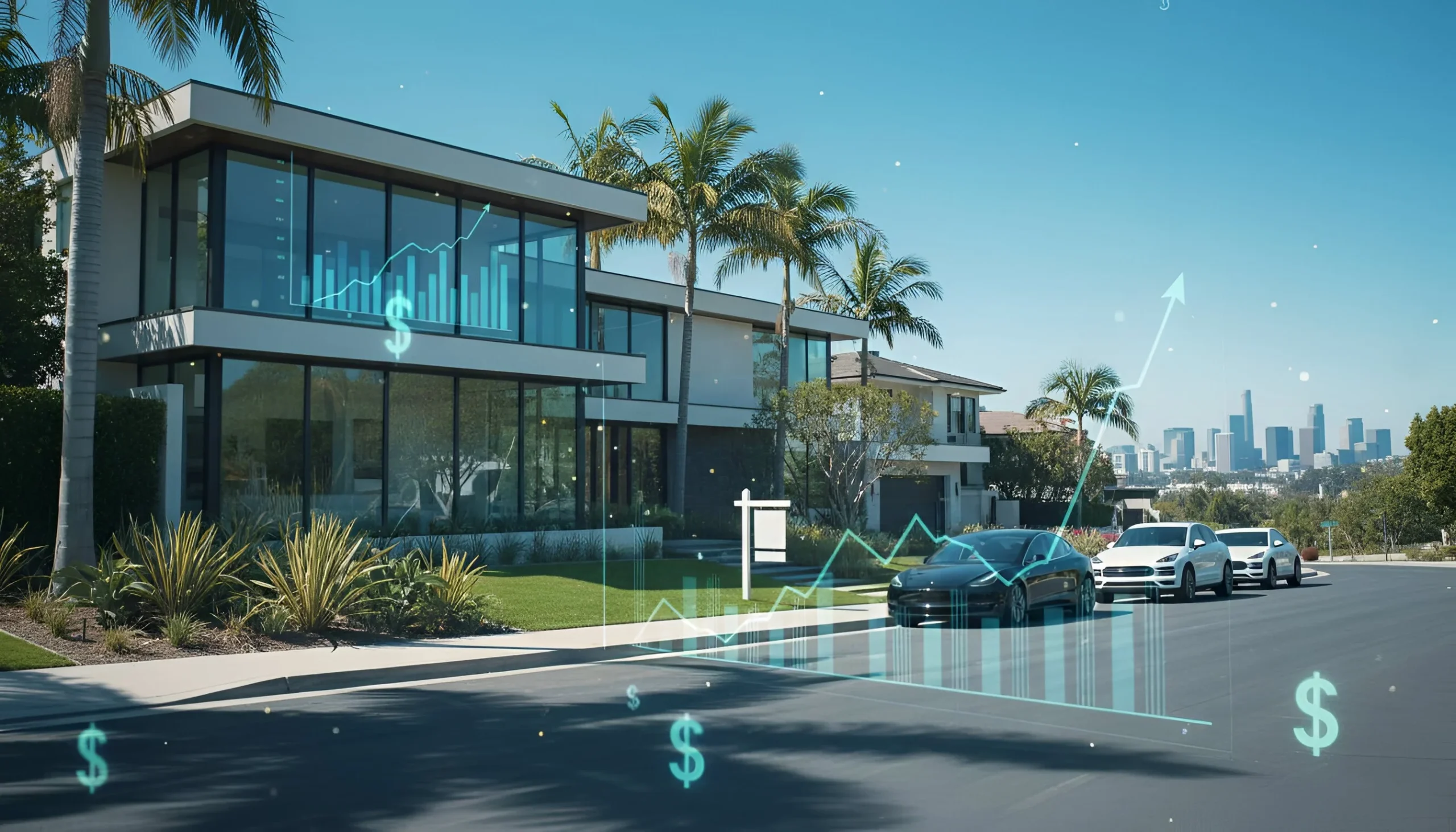 Luxury modern house with palm trees and two cars on driveway, digital graphics of financial growth and data