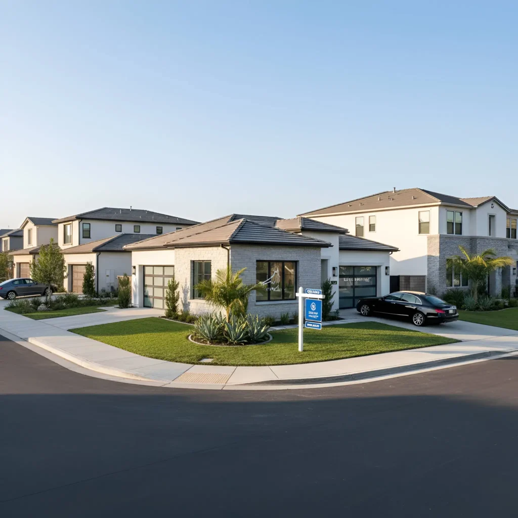 A residential neighborhood with houses, manicured lawns, and parked cars under a blue sky