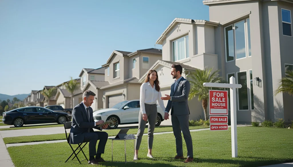 Real estate agent sitting with laptop, talking to couple by "For Sale" sign in front of houses