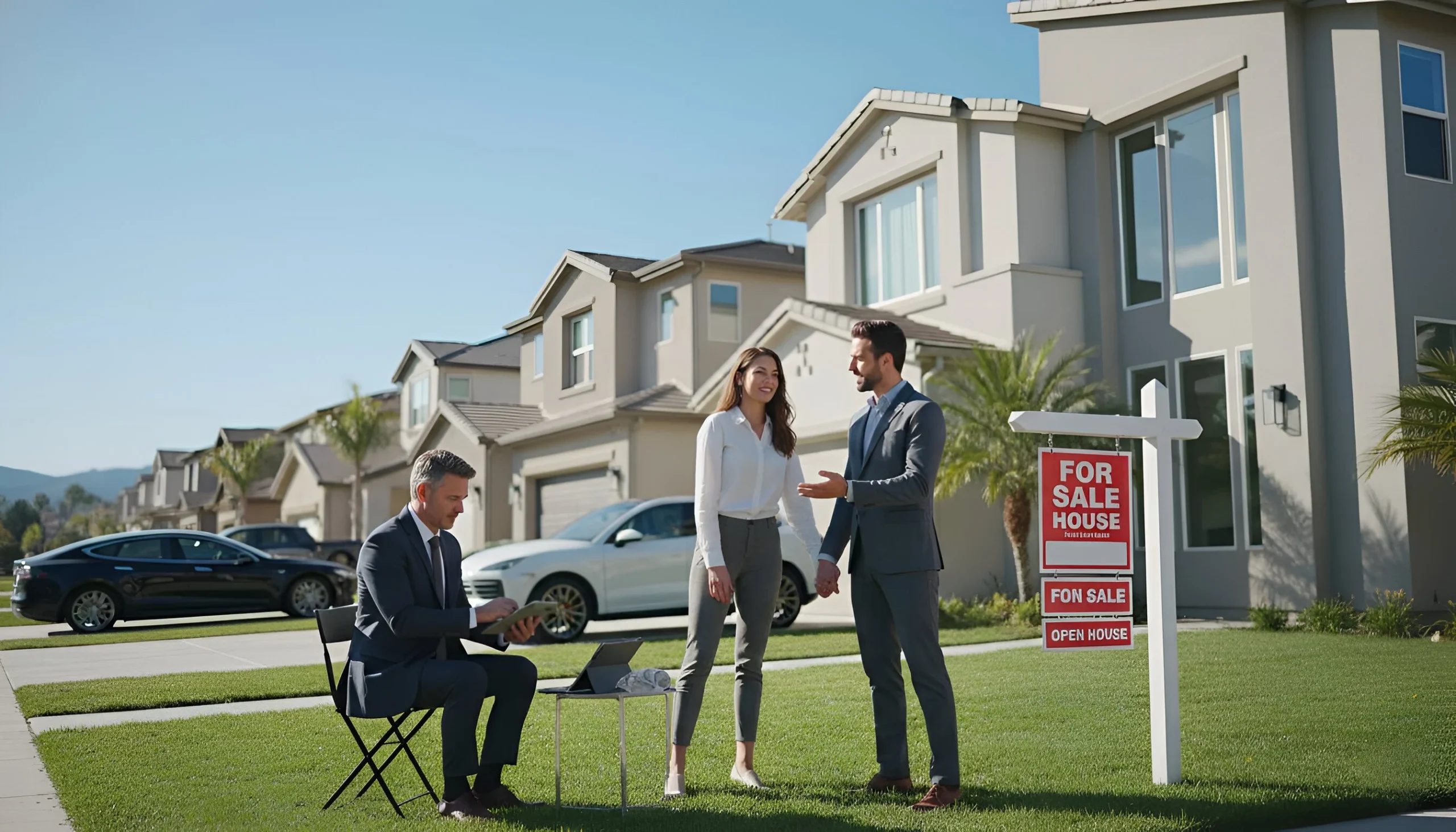 Real estate agent sitting with laptop, talking to couple by "For Sale" sign in front of houses