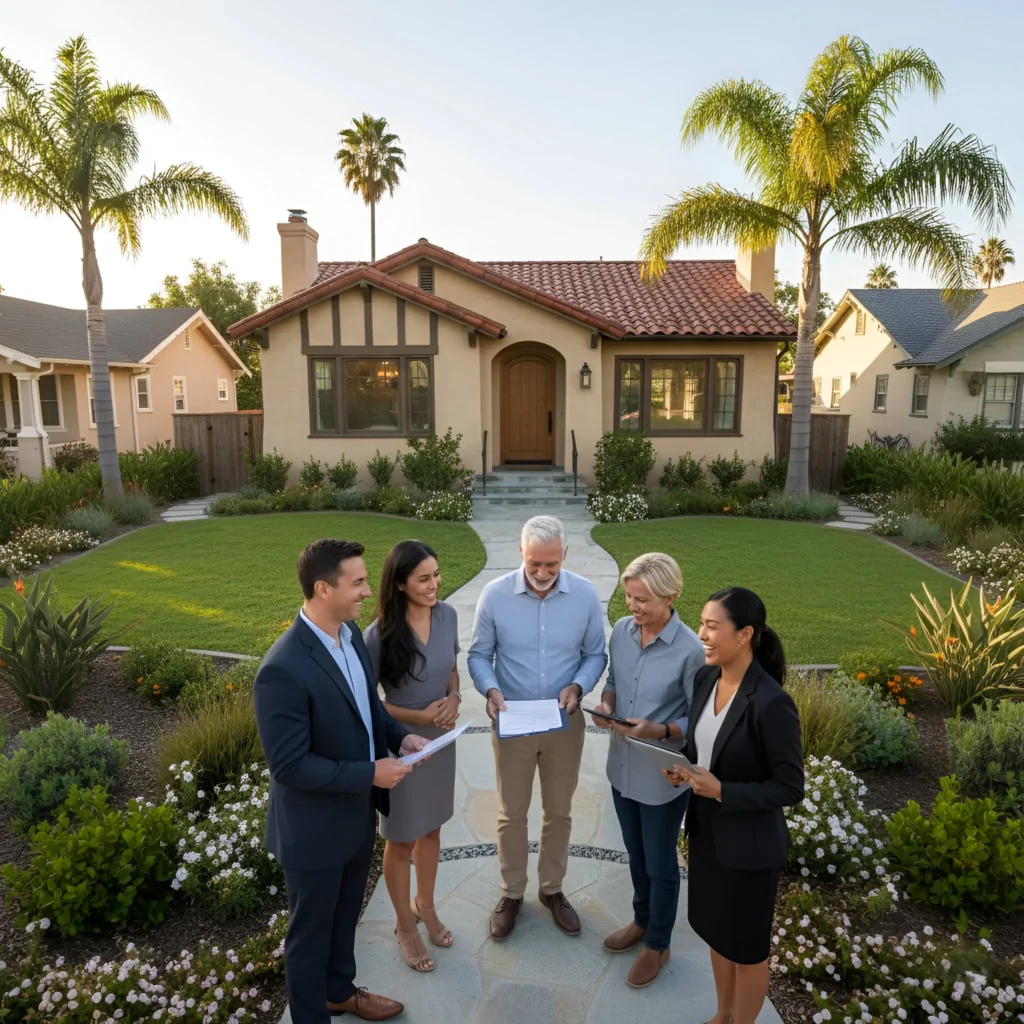 Five people in business attire talking and holding papers in front of a house with landscaped yard and palm trees