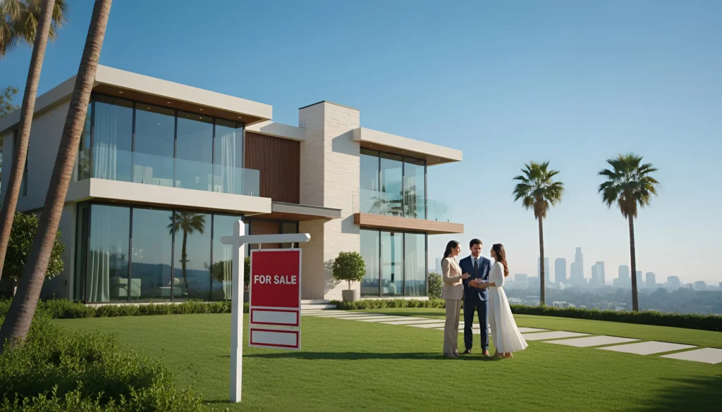 Modern house with large glass windows for sale with a real estate agent talking to a couple, palm trees and city skyline behind