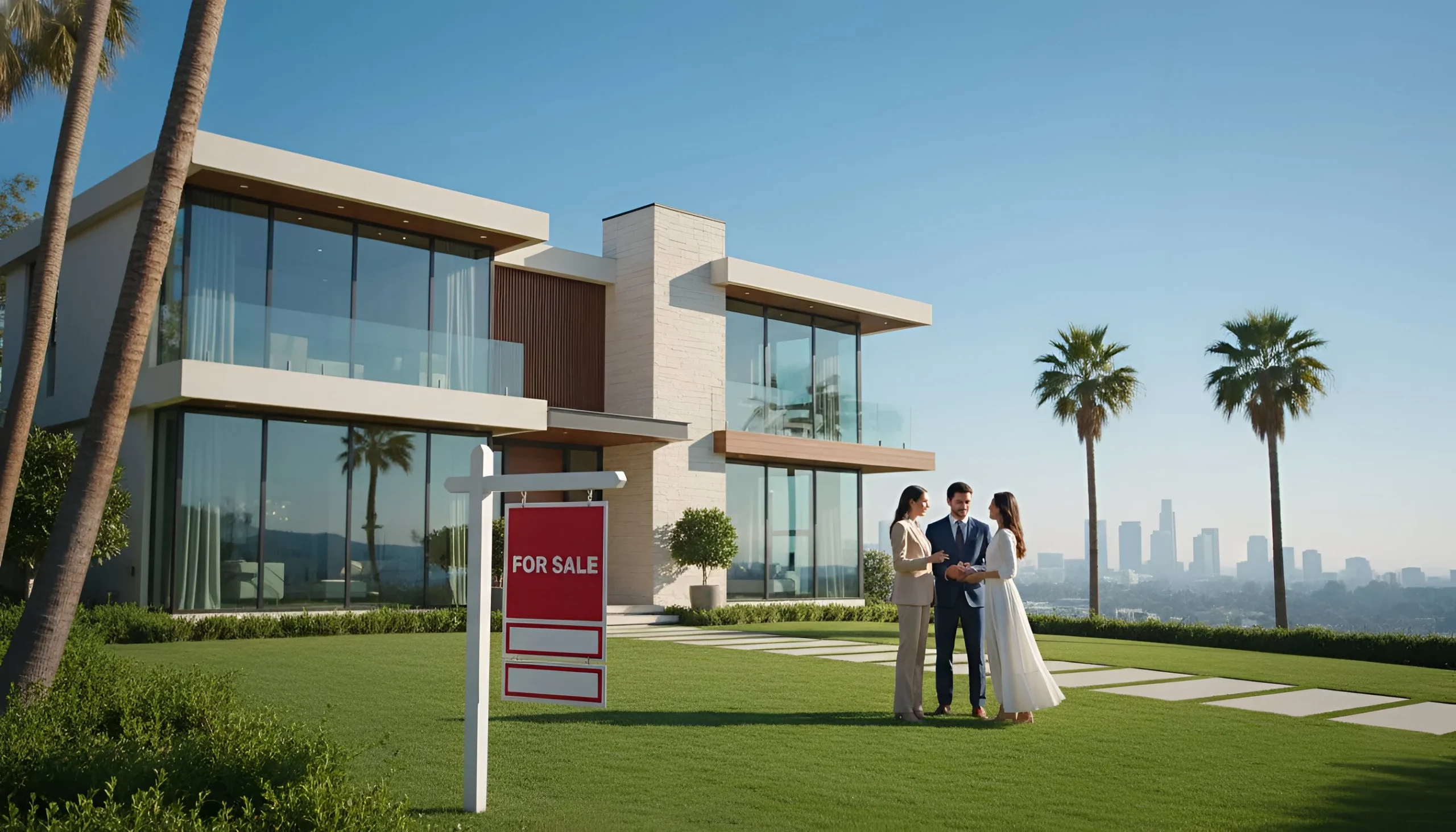 Modern house with large glass windows for sale with a real estate agent talking to a couple, palm trees and city skyline behind