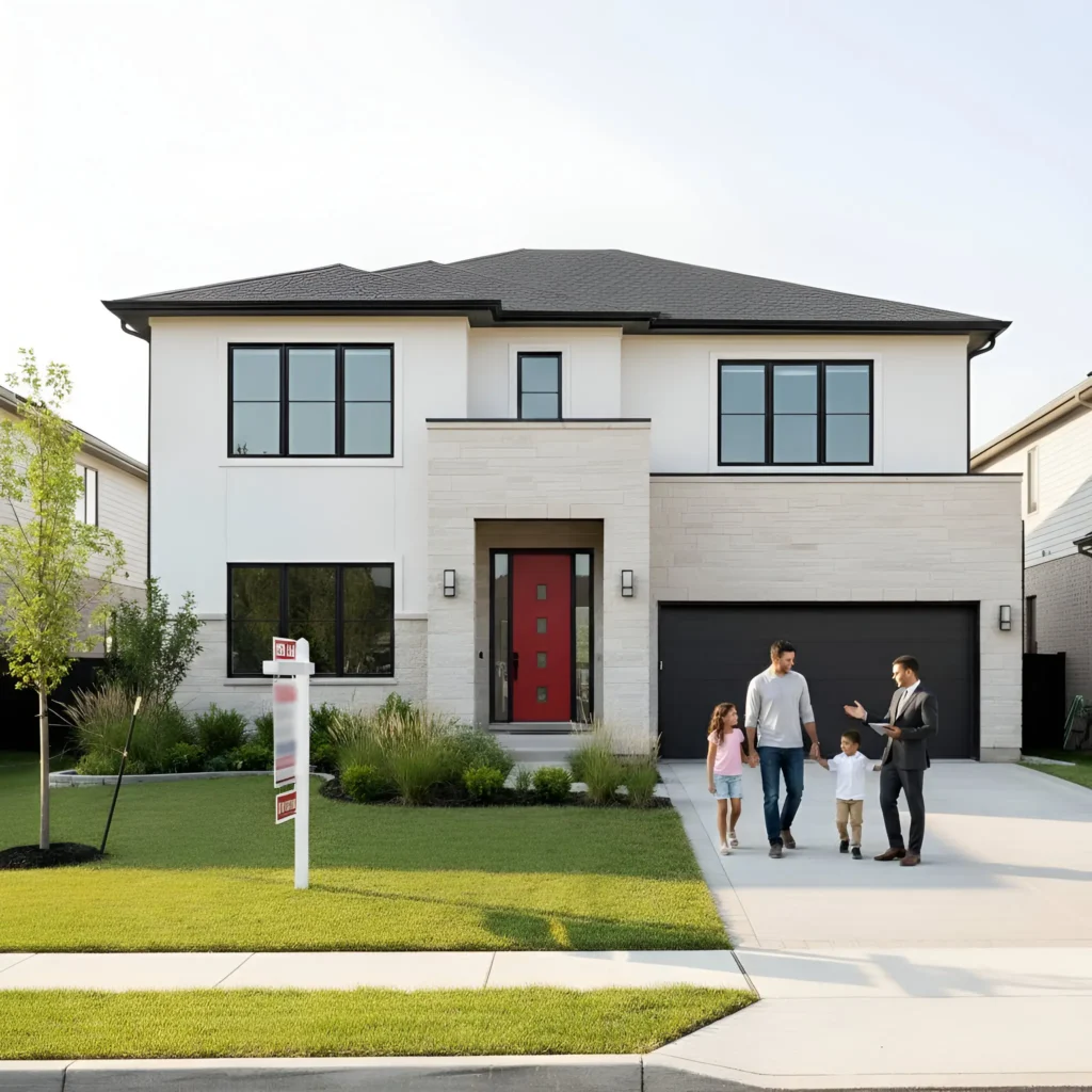 A two-story house with large windows, red door, landscaped yard, a family walking, and a For Sale sign, California real estate.