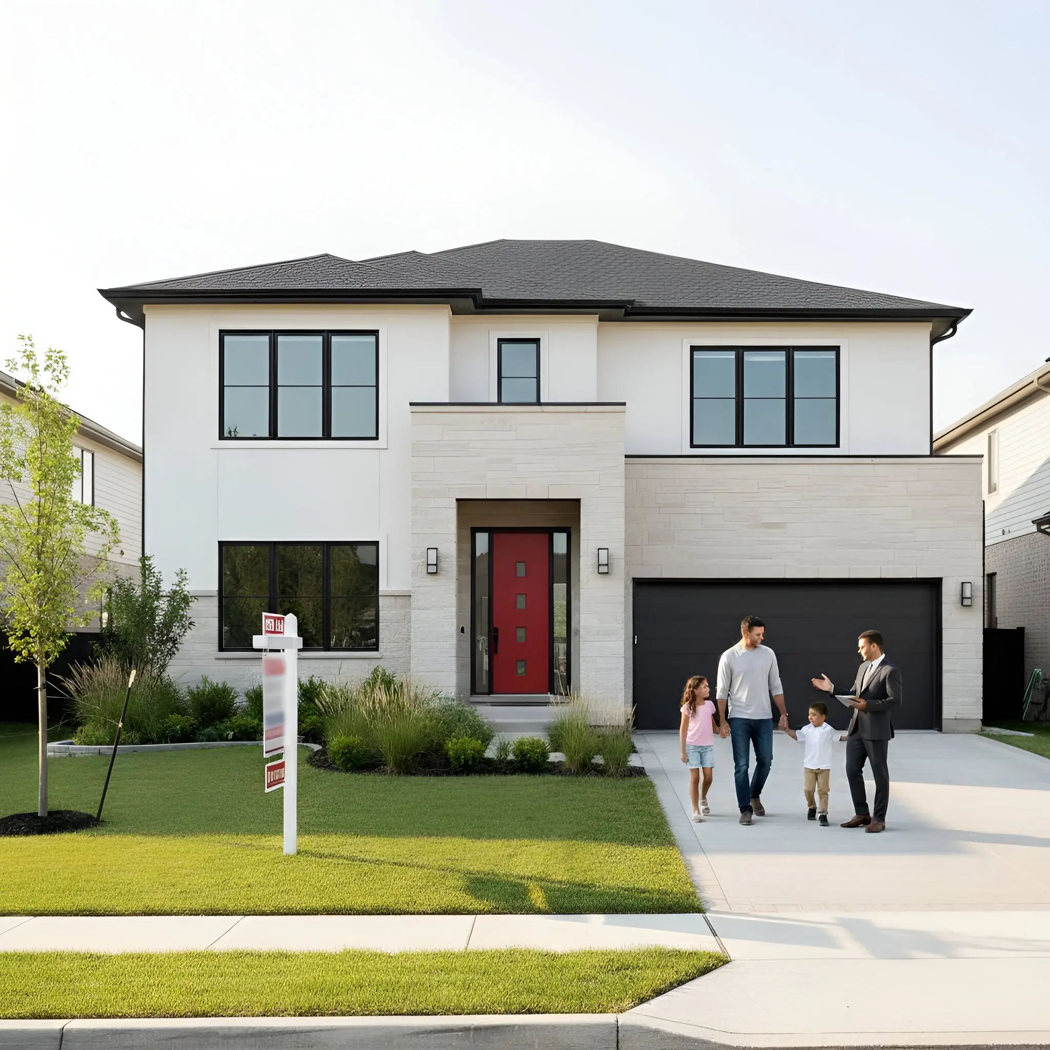 A two-story house with large windows, red door, landscaped yard, a family walking, and a For Sale sign, California real estate.