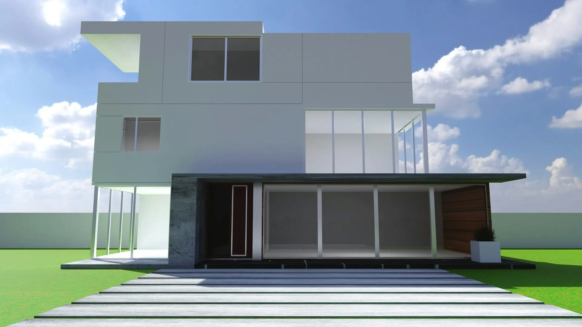 Two-story house real estate with large windows, modern design, and green lawn.